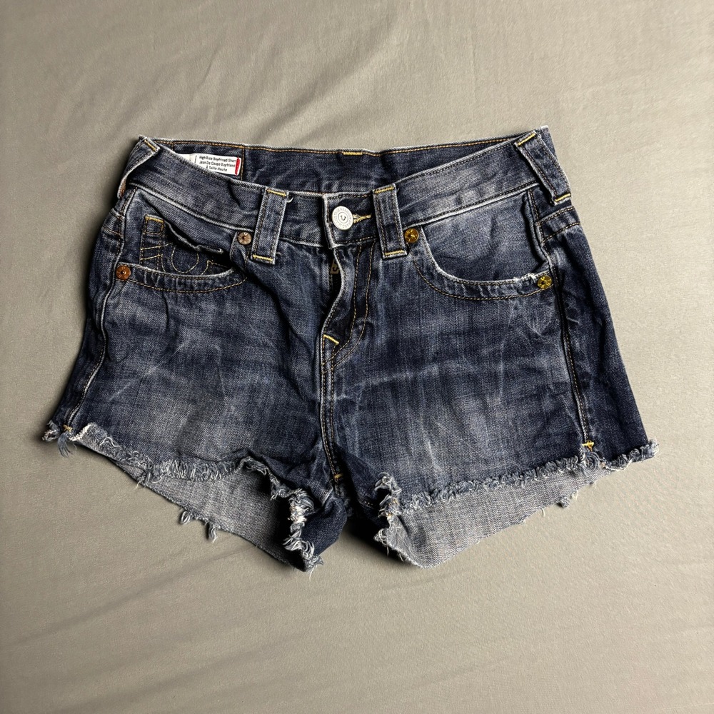 True Religion Kori High Rise Boyfriend Denim Shorts Dark Wash Size 25 Cut Off